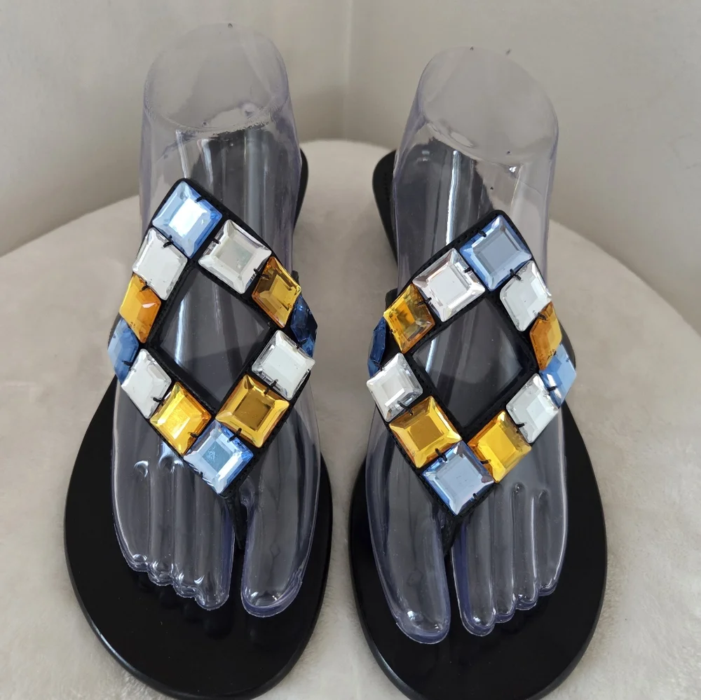COLE HAAN Pompano Black Leather Jewel Accents Thong Sandals SZ 9B